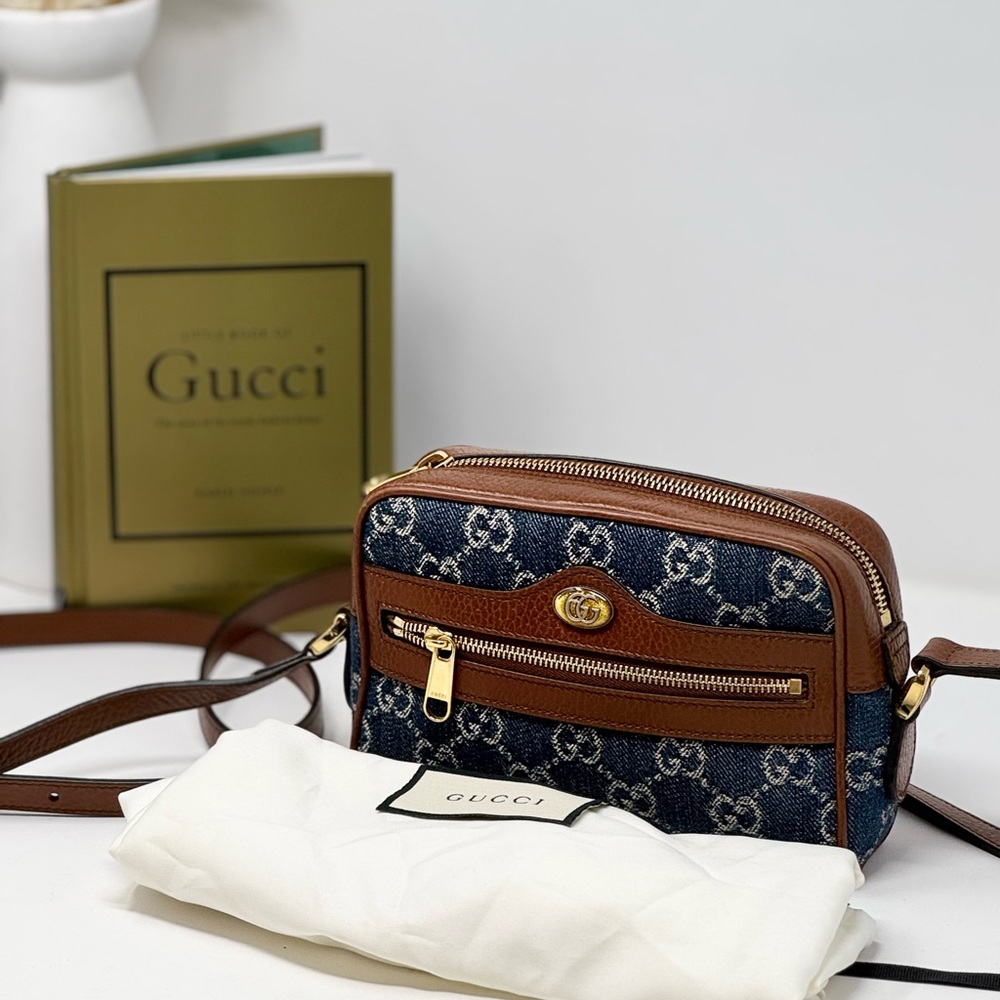 💯 Authentic GUCCI Blue GG Denim/Leather Mini Ophidia Crossbody Bag
